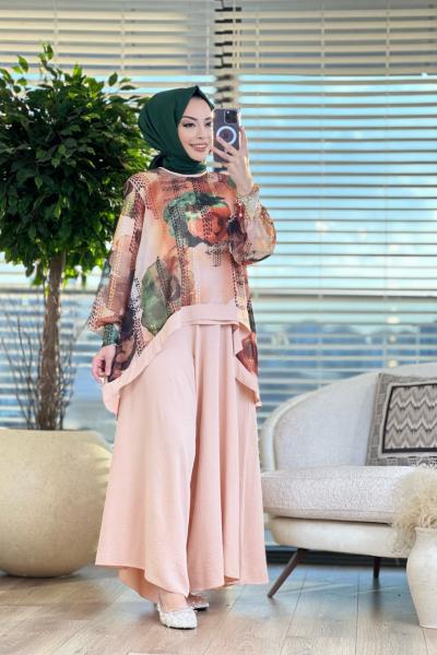 2215034 Üst Şifon Desenli Pantolon Takım Haki