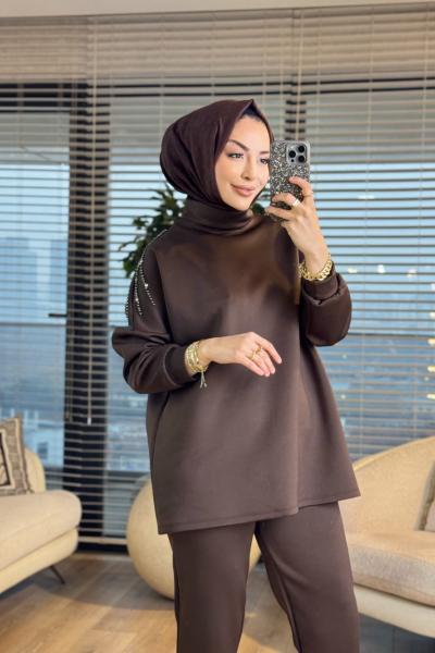 22159 Omuzları Taş İşlemeli Takım Kahve