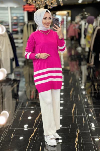 22174 Etek Ve Kol Ucu Çizgili Triko Tunik Fuşya