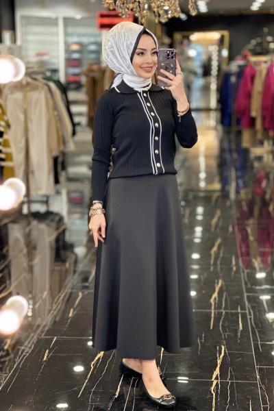 22177 Metal Düğmeli Polo Yaka Kısa Hırka Siyah