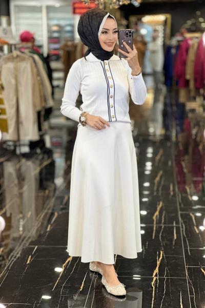 22177 Metal Düğmeli Polo Yaka Kısa Hırka Ekru