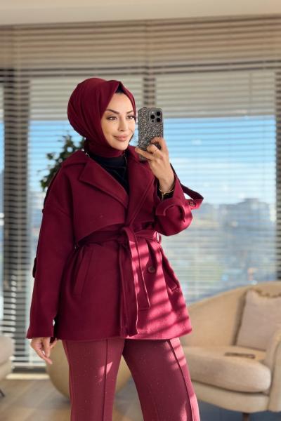 2221 Kaşe Apoletli Kısa Kaban Bordo