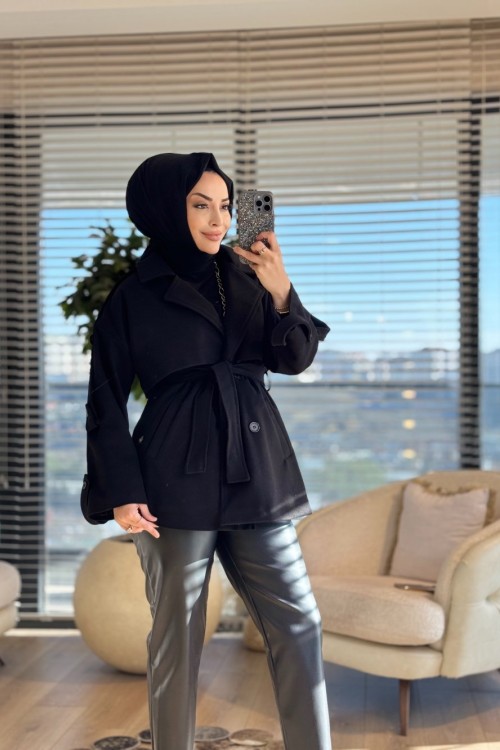 2221 Kaşe Apoletli Kısa Kaban Siyah