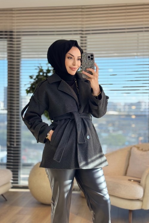 2221 Kaşe Apoletli Kısa Kaban Antrasit