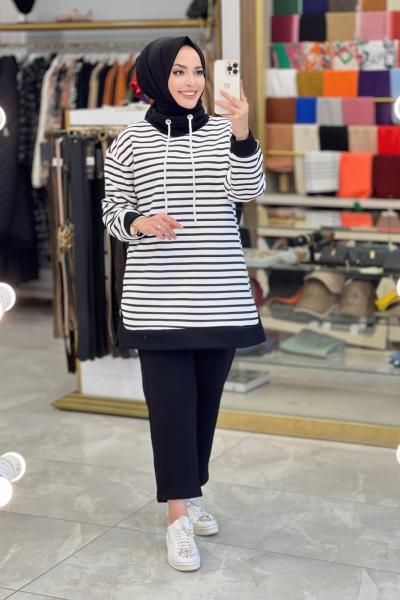 22219 Üst Çizgili Yanlar Fermuarlı Takım Siyah