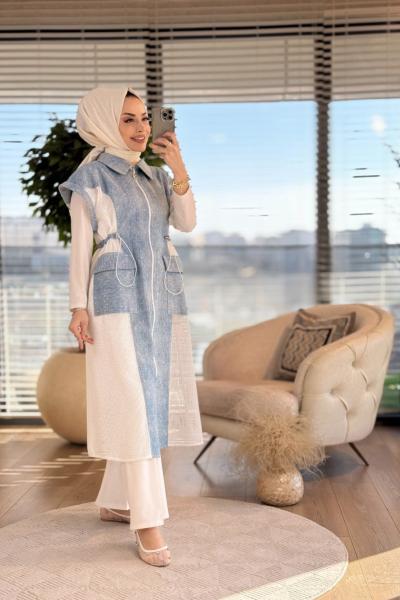 2222 Kot Ve File Parçalı Uzun Yelek Mavi