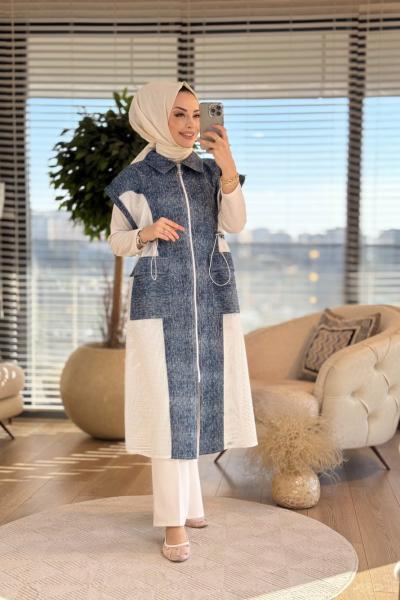 2222 Kot Ve File Parçalı Uzun Yelek Lacivert