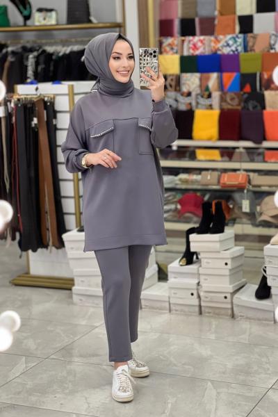 22226 Cep Kapağı Taş İşlemeli Takım Gri