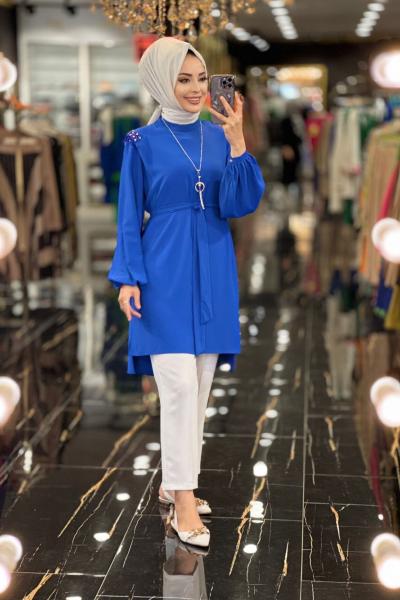 2224036 Omzuları Boncuk İşlemeli Tunik Saks