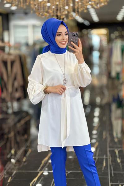 2224036 Omzuları Boncuk İşlemeli Tunik Ekru