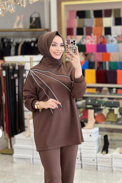 22248 Önü Fermuar Detaylı Takım Kahve