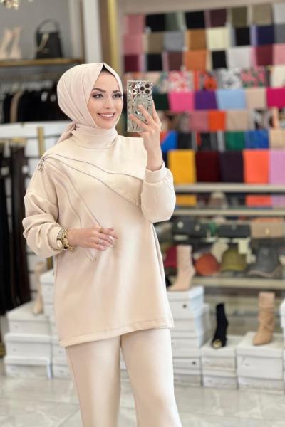 22248 Önü Fermuar Detaylı Takım Bej