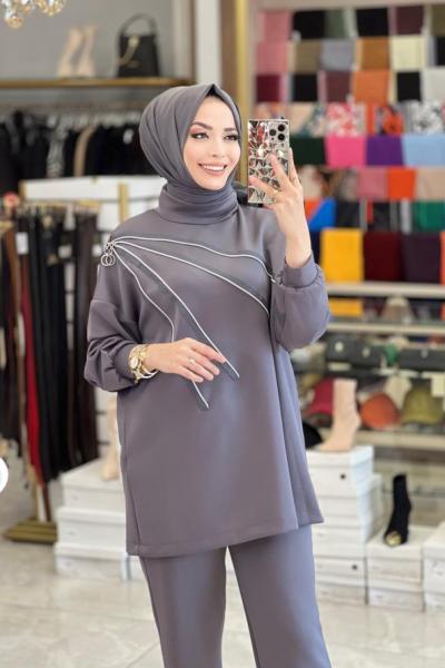 22248 Önü Fermuar Detaylı Takım Gri