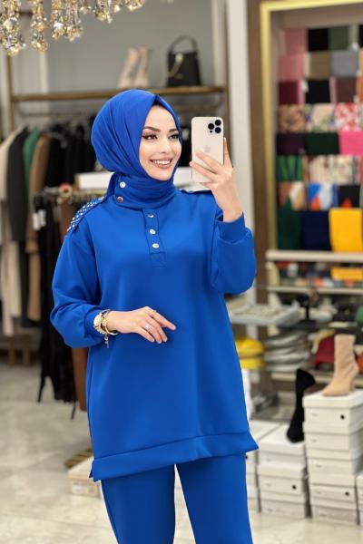 22256 Omuzları Apolet Üstü Taş İşlemeli Takım Saks