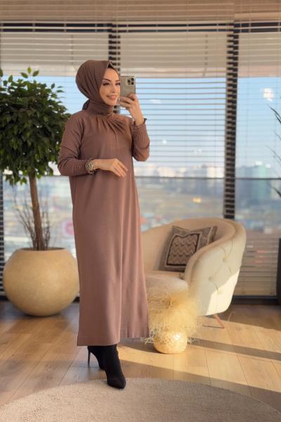 223 Önü Piliseli Reklanlı Triko Elbise Vizon