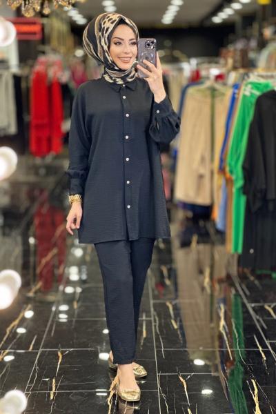 22323 Önü Düğmeli Kuşaklı Tunik Takım Siyah