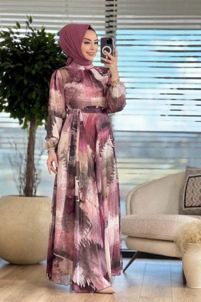 2233092 Şifon Desenli Kuşaklı Elbise Mürdüm