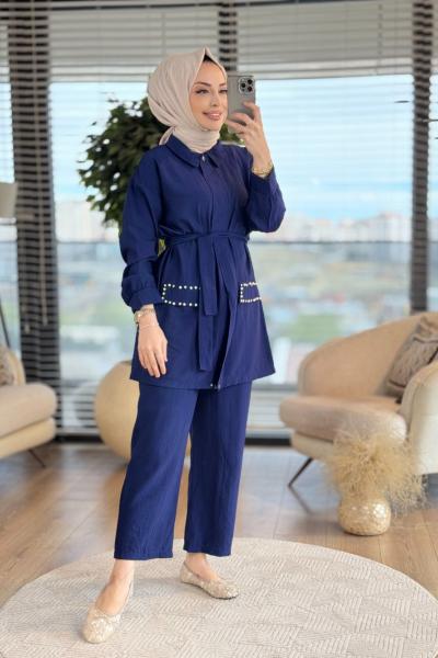 22345 Cep Kapağı Taş İnci İşlemeli Takım Lacivert