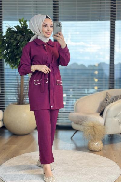 22345 Cep Kapağı Taş İnci İşlemeli Takım Bordo