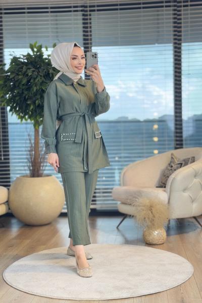 22345 Cep Kapağı Taş İnci İşlemeli Takım Haki