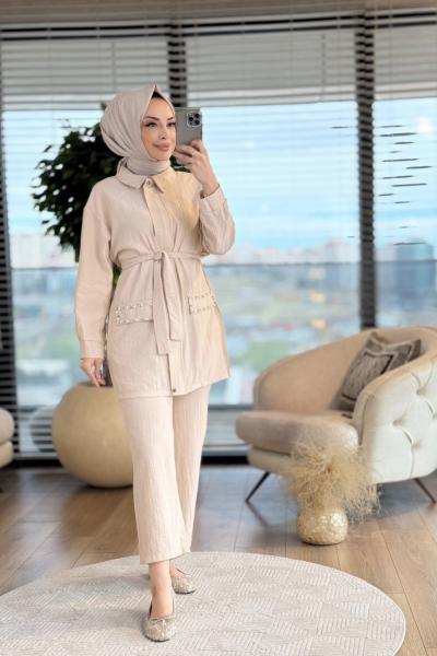 22345 Cep Kapağı Taş İnci İşlemeli Takım Bej