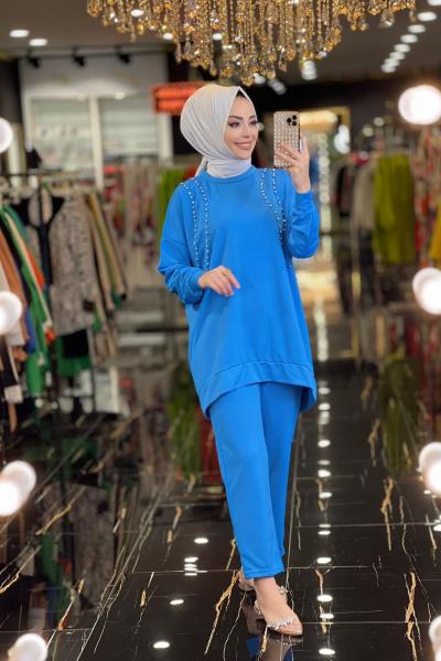 22352 Omuzları İki Sıra Taş İşlemeli Takım İndigo