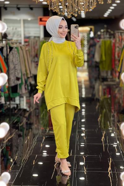 22352 Omuzları İki Sıra Taş İşlemeli Takım Yağ Yeşili