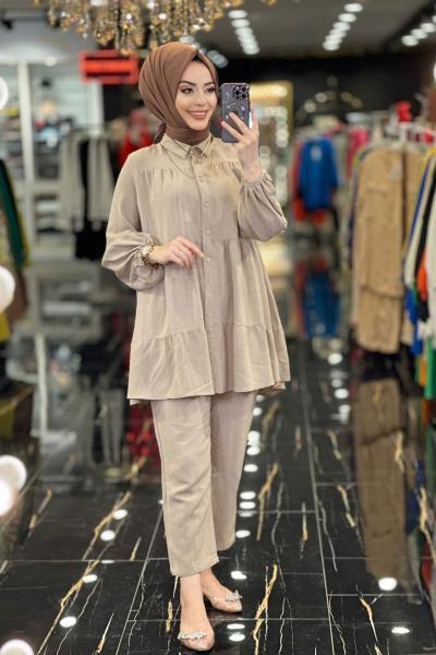 22356 Üç Kat Tunik Pantolon Takım Vizon