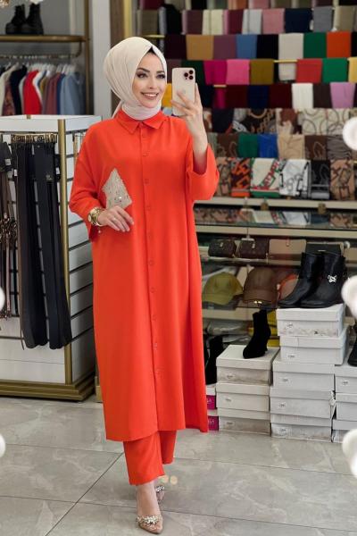 2240 Payet Detaylı Tunik Pantolon Takım Oranj