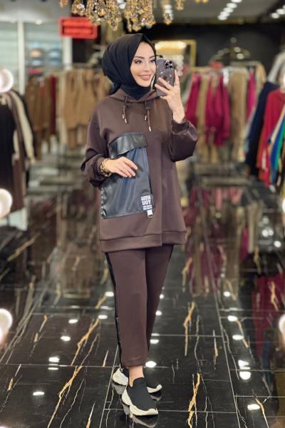 22414 Scuba Önü Büyük Deri Cepli Kapşonlu Takım Kahve