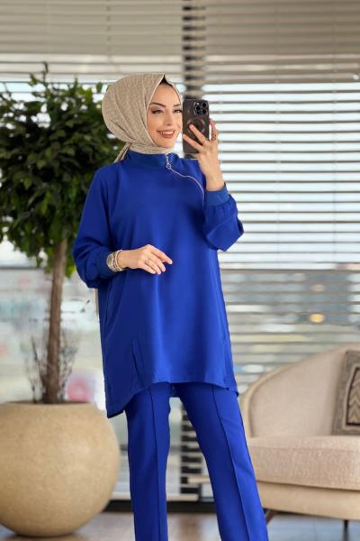 2242 Yakası Fermuarlı Pantolon Takım Saks