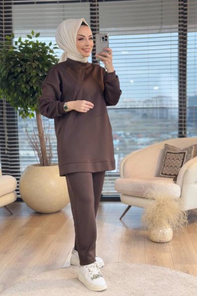 22429 Scuba Önü Cep Ve V Dikişli Takım Detaylı Takım Kahve