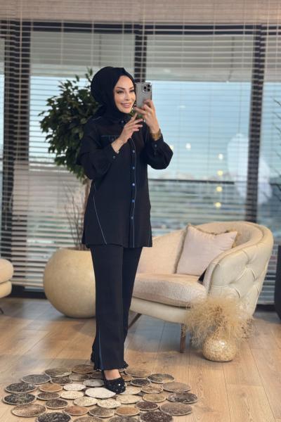 2246 Biye Detaylı Paça Yırtmaçlı Takım Siyah