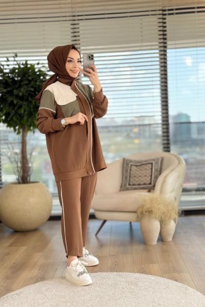 22481 Renkli Pat Fermuarlı Takım Kahve