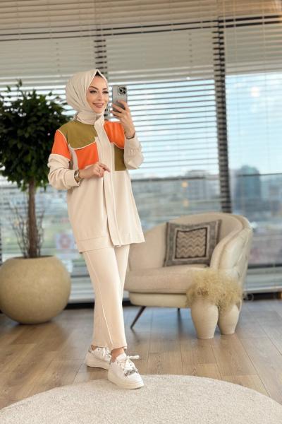 22481 Renkli Pat Fermuarlı Takım Bej