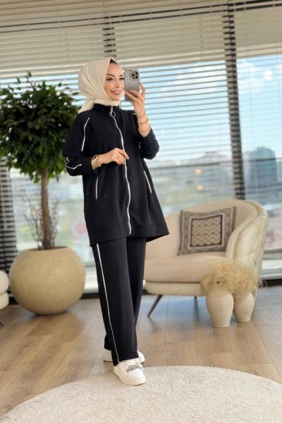 22488 Ön Fermuarlı Biye Detaylı Takım Siyah