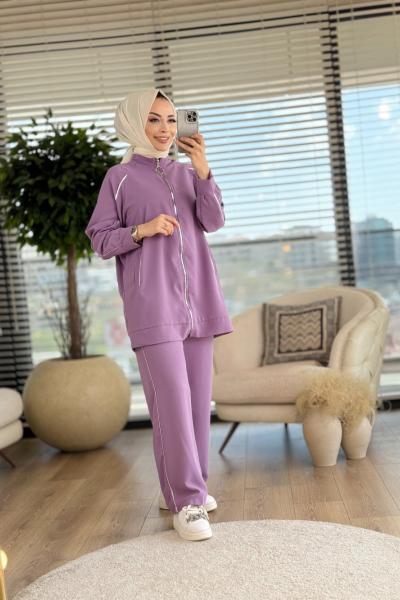 22488 Ön Fermuarlı Biye Detaylı Takım Lila