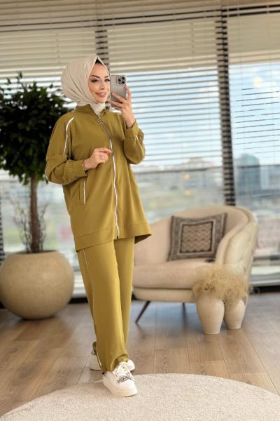 22488 Ön Fermuarlı Biye Detaylı Takım Yağ Yeşili