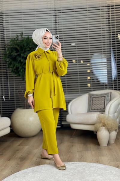 22495 Çiçek Broşlu Takım Yağ Yeşili