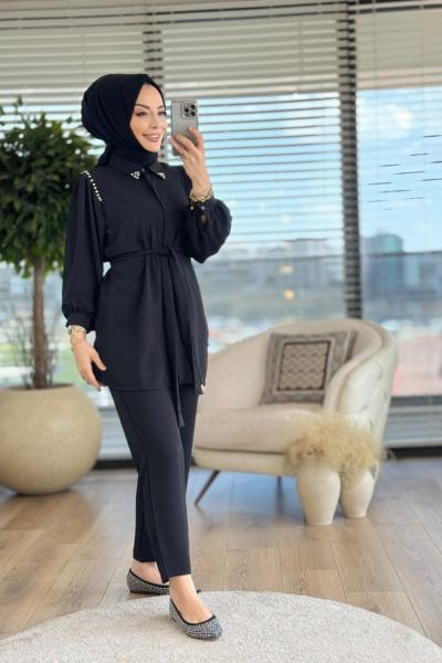 22497 Omuz Ve Yaka Ucu Taş Detaylı Takım Siyah