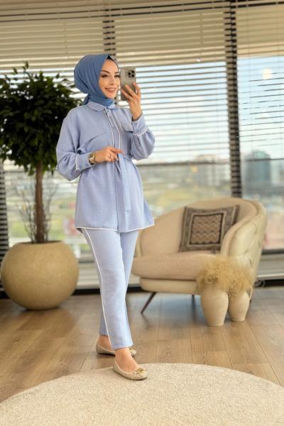 22506 Ön İki Cepli Biye Detaylı Takım Mavi