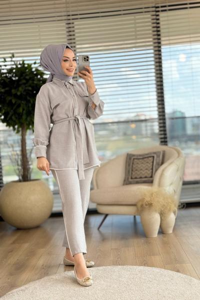 22506 Ön İki Cepli Biye Detaylı Takım Gri
