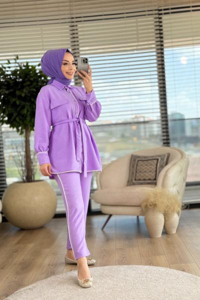 22506 Ön İki Cepli Biye Detaylı Takım Lila