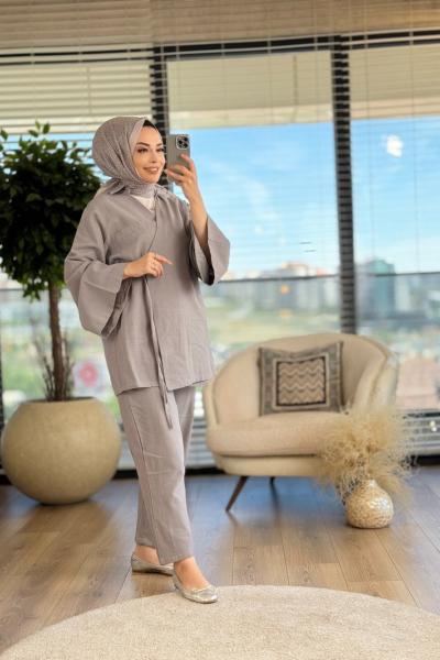 22516 Keten Üst Yandan Bağlamalı Kimono Takım Gri