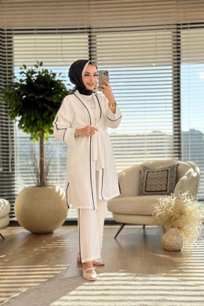 22524 Üst Kimono Biye Detaylı Takım Ekru