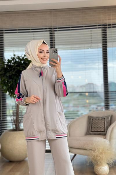 22529 Kolları Renkli Çizgili Takım Gri