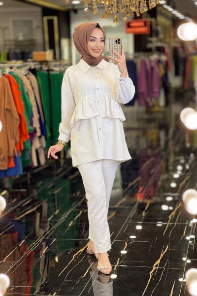 2253 Keten Beli Taş Ve Fırfır Detaylı Takım Bej