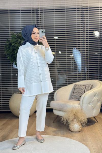 2253 Ön File Düğmeli Gömlek Ekru