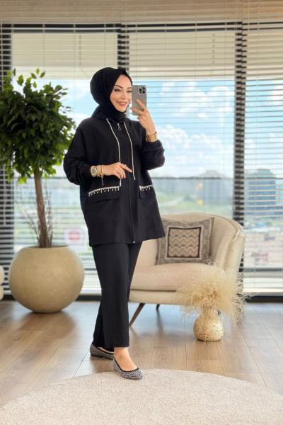 22539 Cep Kapağı Taş Sallantılı Fermuarlı Takım Siyah