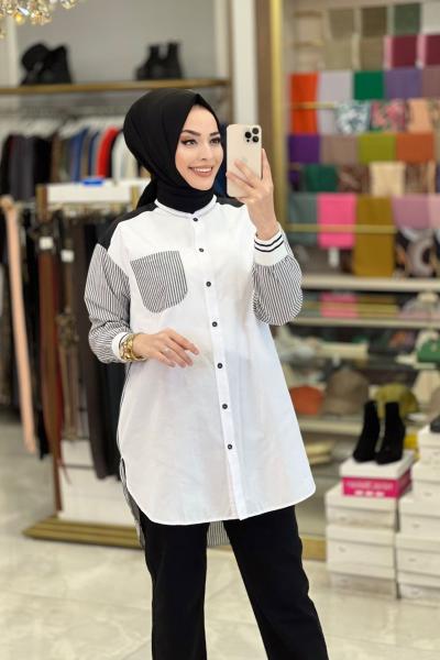 2254 Kol Ve Arkası Çizgili Yakasız Gömlek Siyah